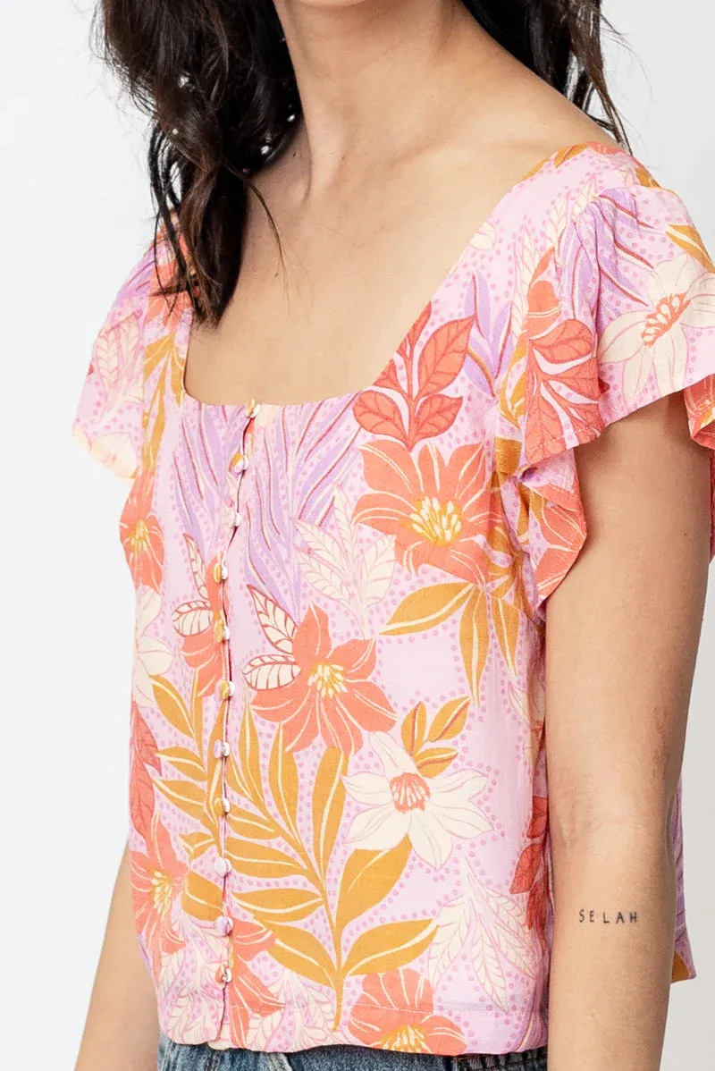 Leila Floral Printed Button Down Square Neck Top In Pink Multi