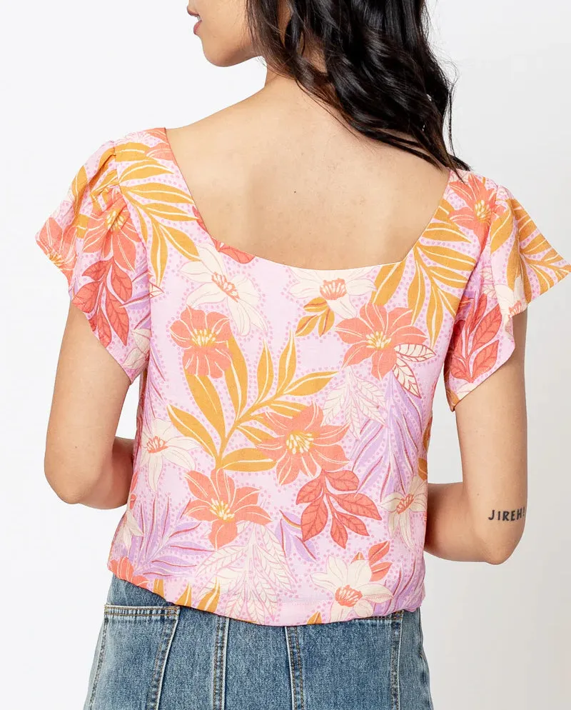 Leila Floral Printed Button Down Square Neck Top In Pink Multi