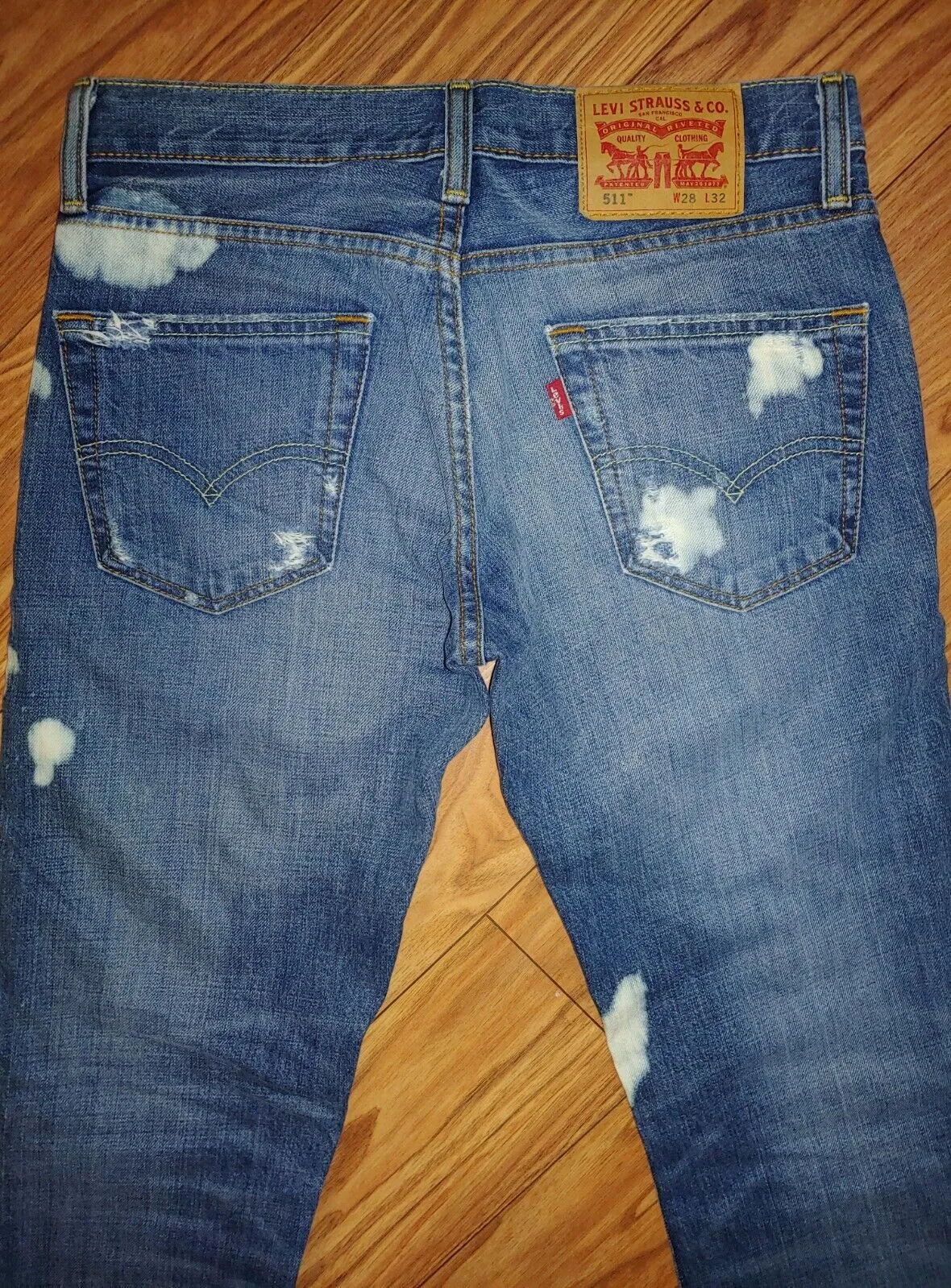 LEVIS 511 Preloved Distressed Slim Crop Medium Wash Bleached Denim Jeans Size 28