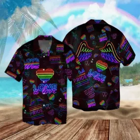 LGBT Aloha Hawaiian Shirts For Summer, Neon Heart And Wings Rainbow Hawaiian Shirts For Men Women