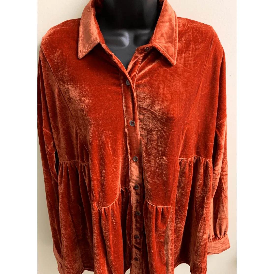 Long sleeve Antique Rust Velvet button down tunic top by Easel