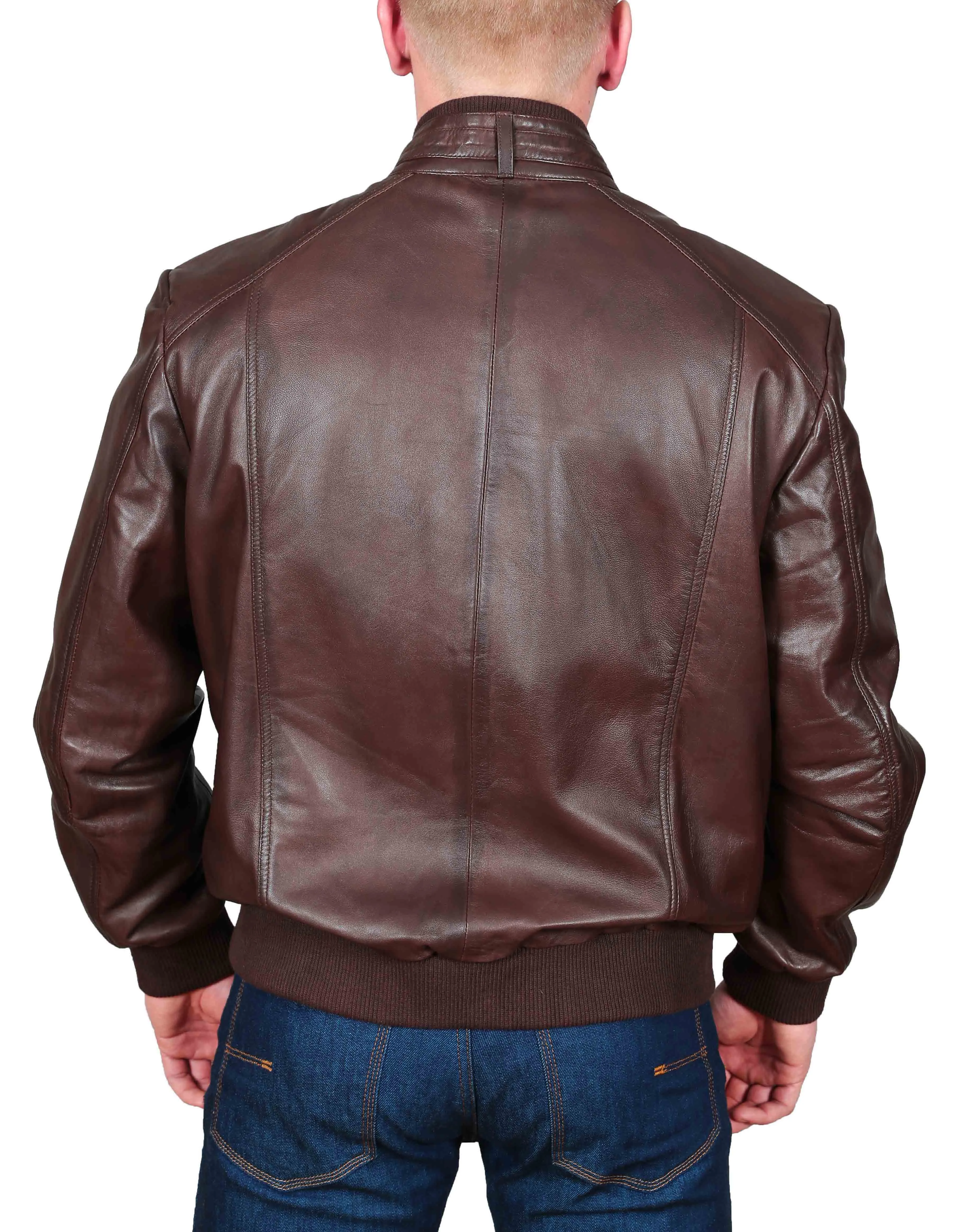 Mens Bomber Soft Leather Jacket Zip Fasten Ryan Brown