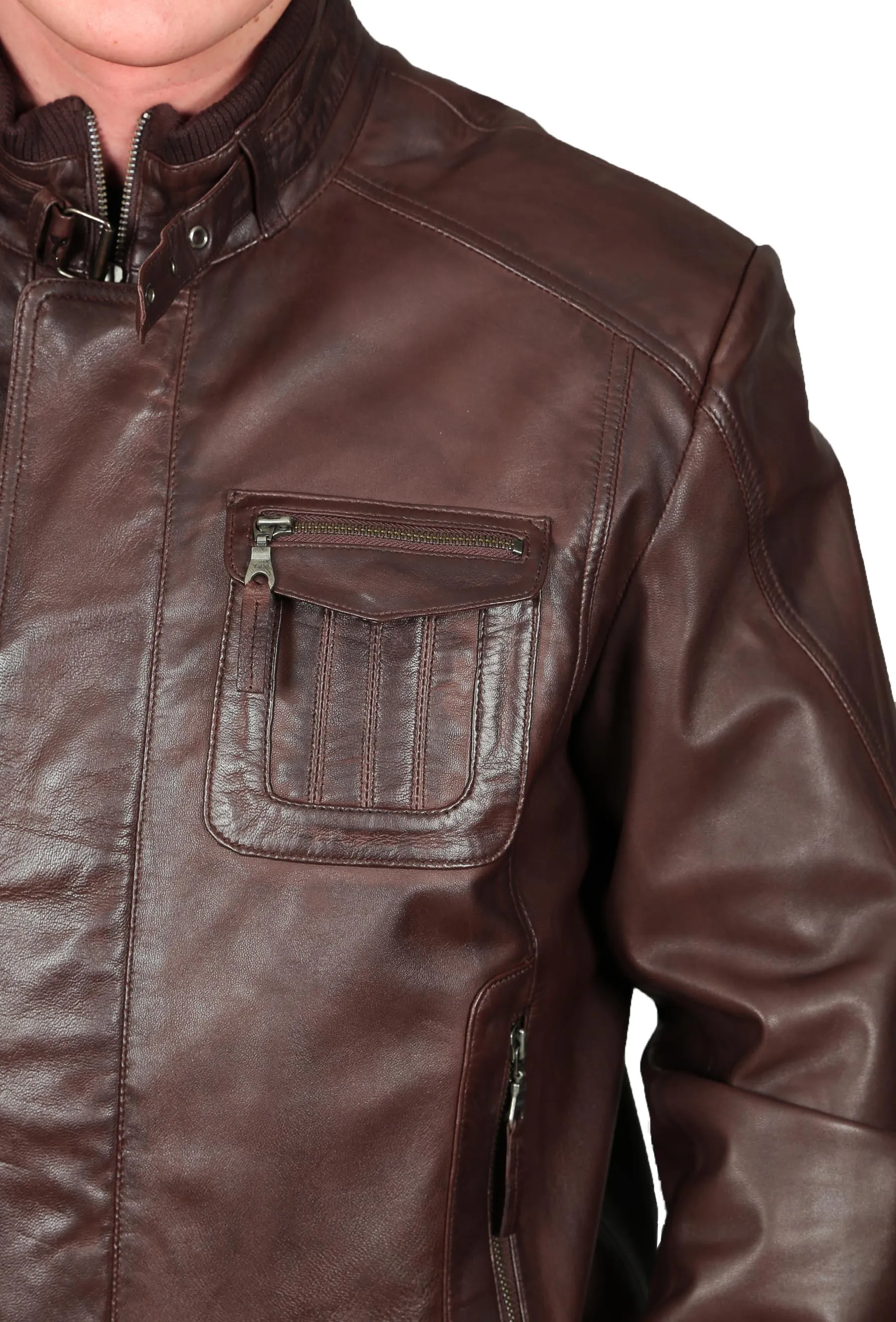 Mens Bomber Soft Leather Jacket Zip Fasten Ryan Brown