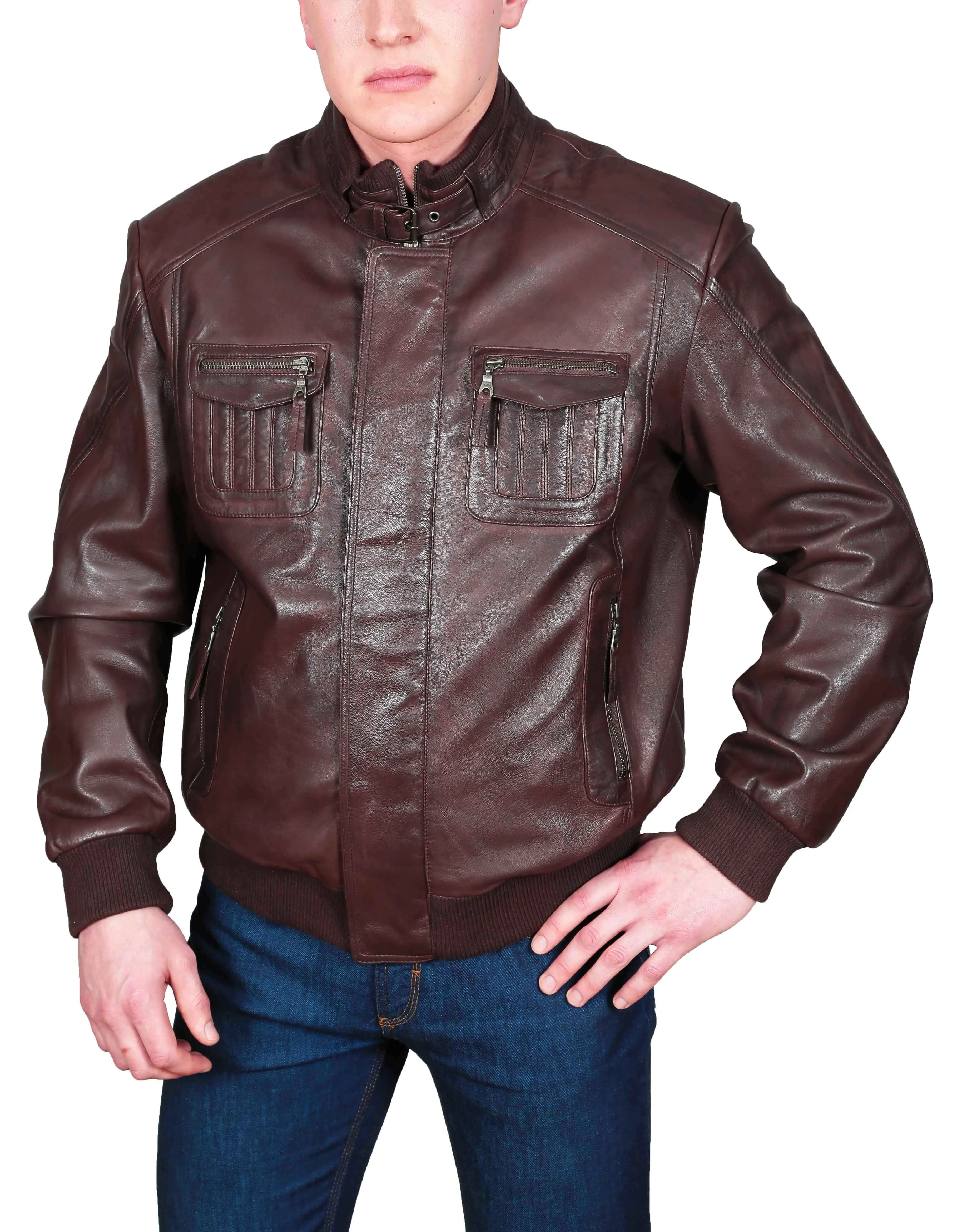 Mens Bomber Soft Leather Jacket Zip Fasten Ryan Brown