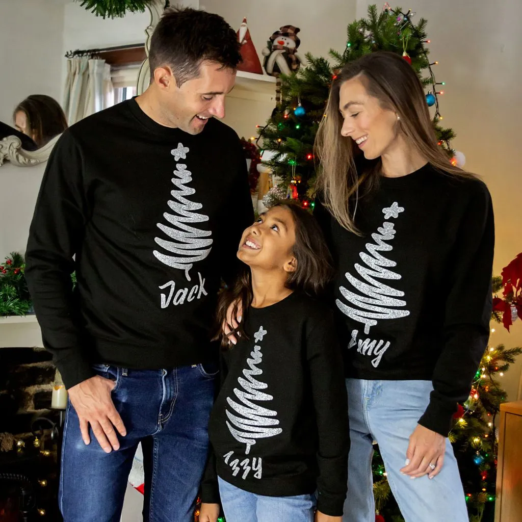 Mens Personalised Silver Glitter Christmas Tree Sweatshirt