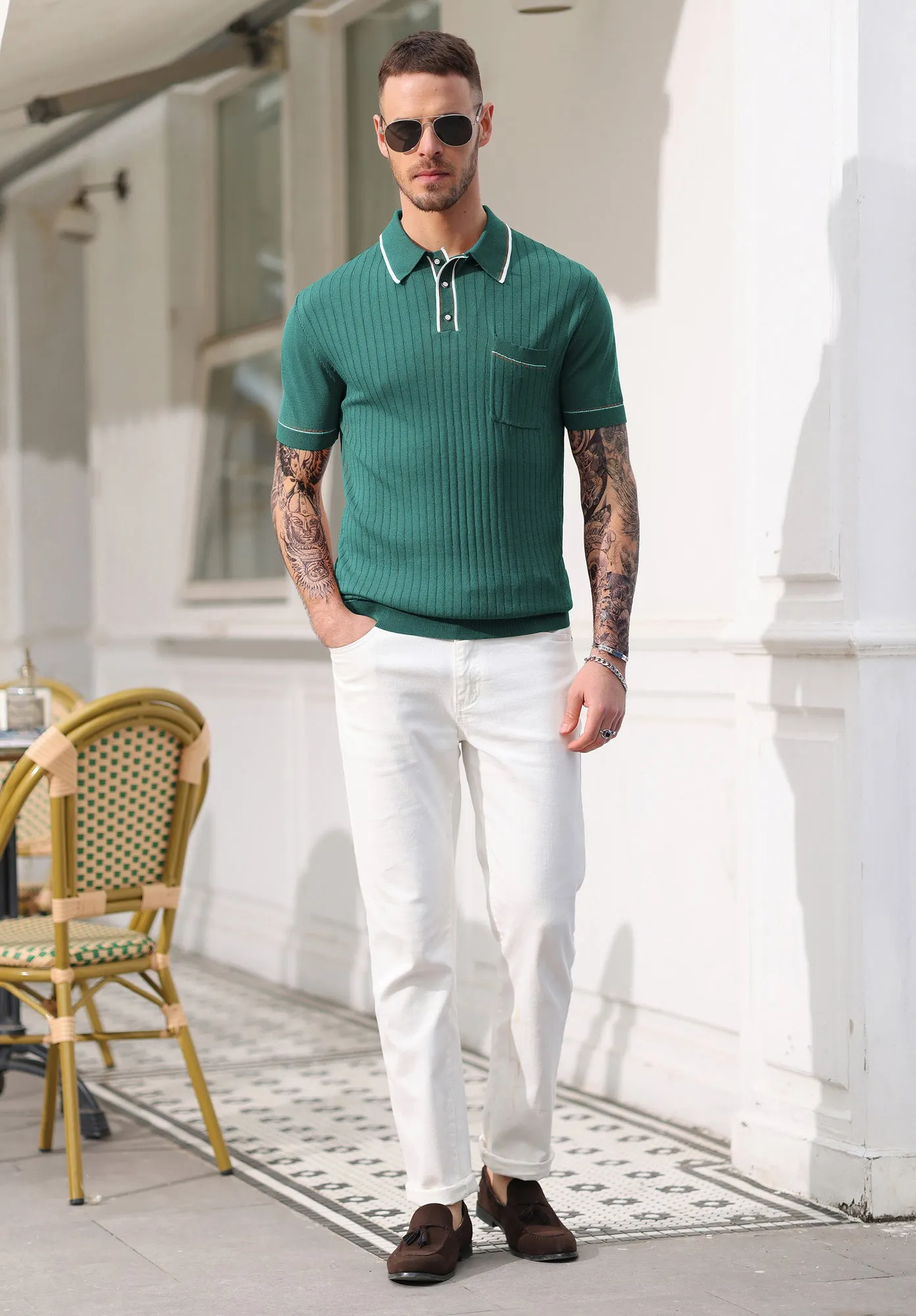 Men's Short Sleeve Knit Button Polo Shirts Casual Pullover Golf Shirt with Pockets