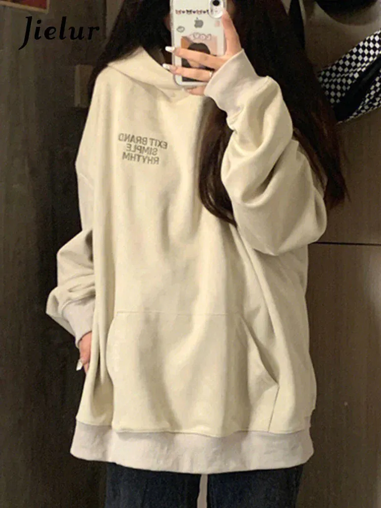 Metaversmall Hooed Pullovers Loose Letter Female Sweatshirt Solid Color Autumn Casual Office Ladies O-neck Chic Simple Women's Hoodies