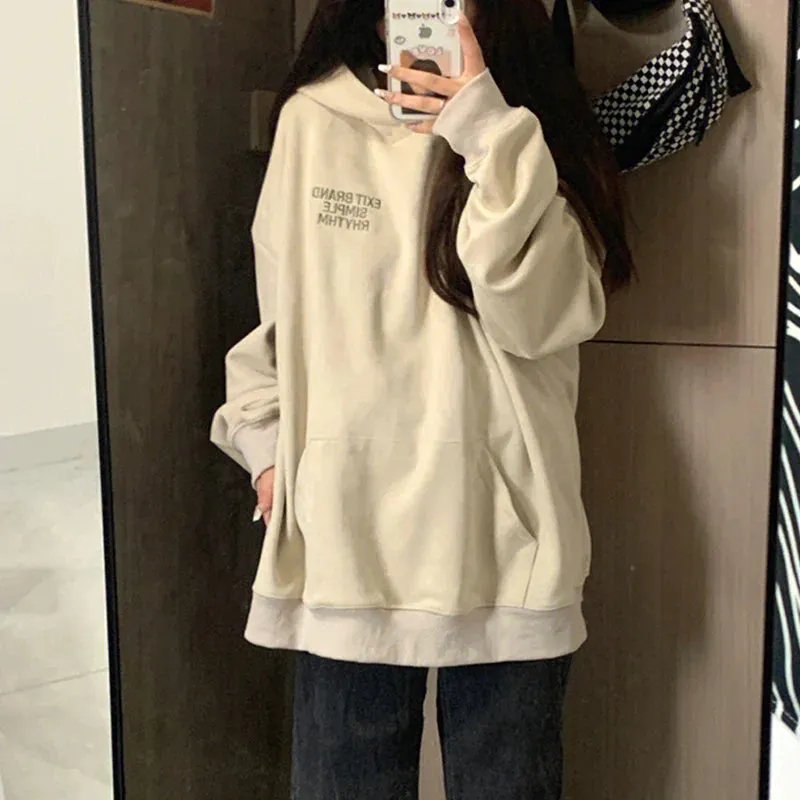 Metaversmall Hooed Pullovers Loose Letter Female Sweatshirt Solid Color Autumn Casual Office Ladies O-neck Chic Simple Women's Hoodies