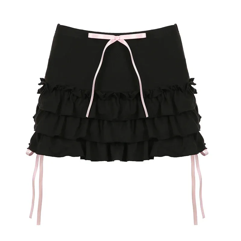 Metaversmall Lolita Fashion Ruffles Black Mini Skirt Women Bow Korean Style Coquette Ruched Cutecore Summer Skirts Gothic Clothes