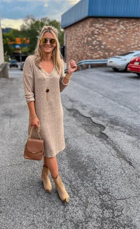 Mocha V-Neck Long Sleeve Side Slit Knit Dress