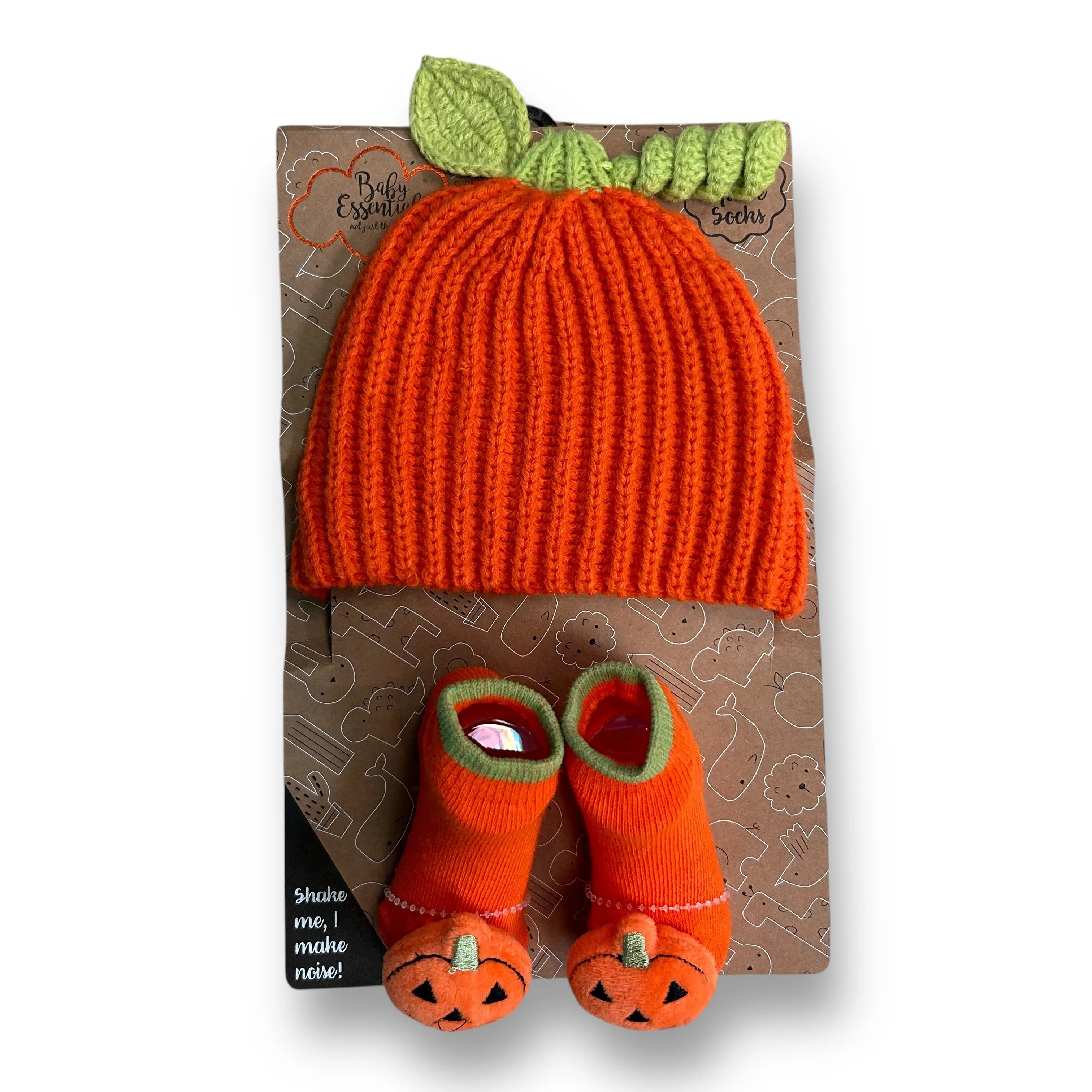 NEW! Baby Essentials Knit Pumpkin Hat & Rattle Booties Set