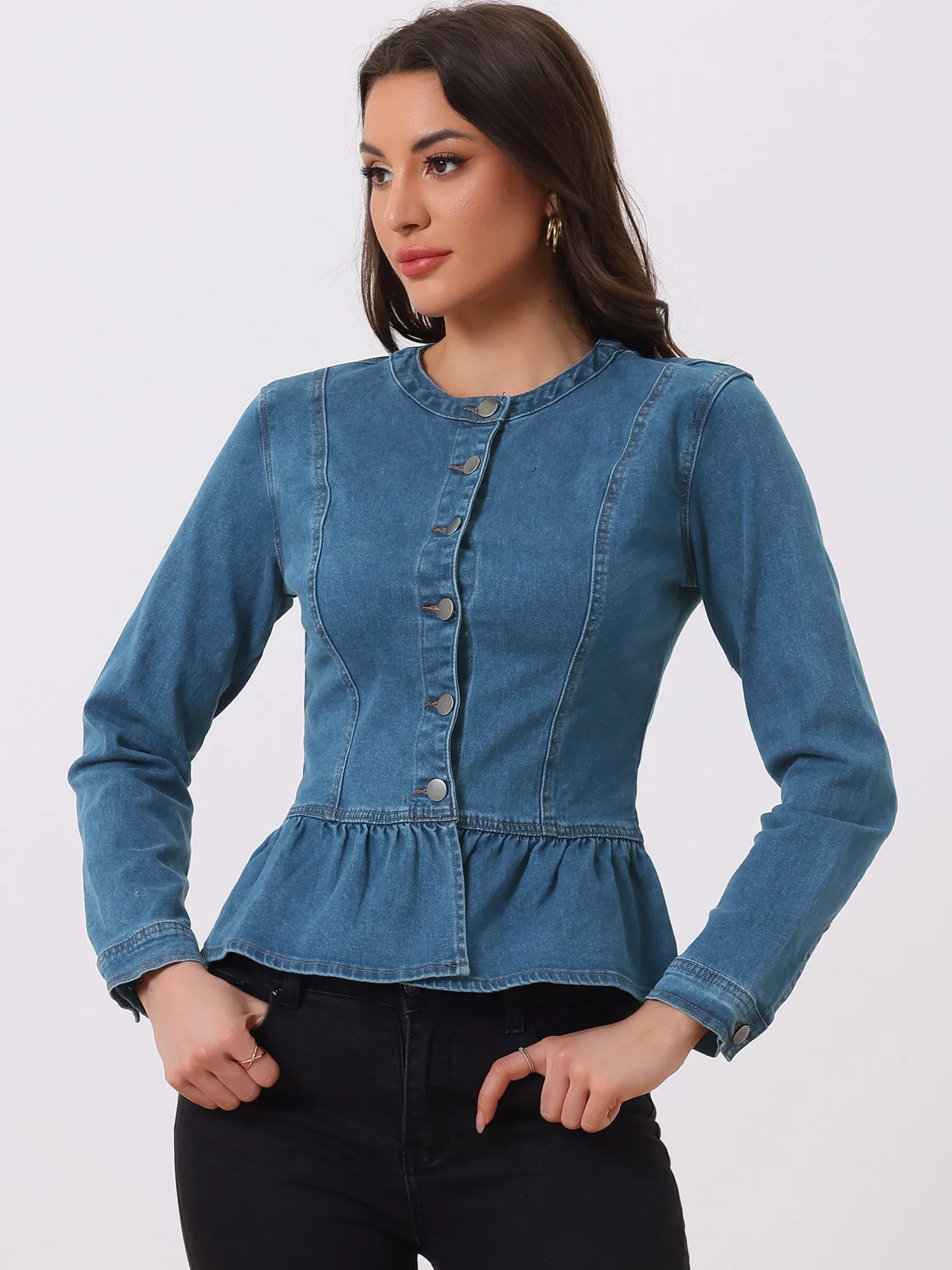 Peplum Denim Collarless Round Neck Cropped Ruffle Hem Jacket