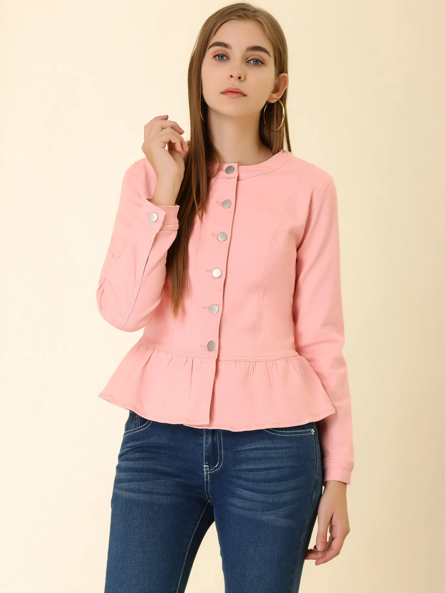 Peplum Denim Collarless Round Neck Cropped Ruffle Hem Jacket