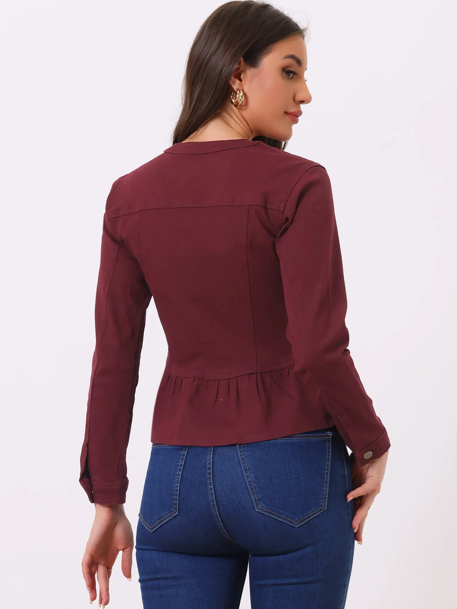 Peplum Denim Collarless Round Neck Cropped Ruffle Hem Jacket