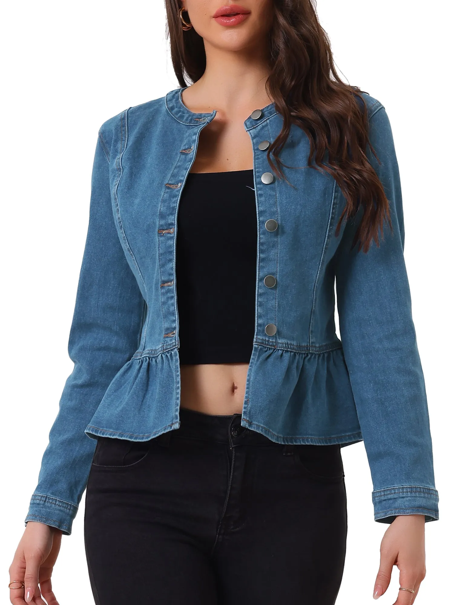 Peplum Denim Collarless Round Neck Cropped Ruffle Hem Jacket