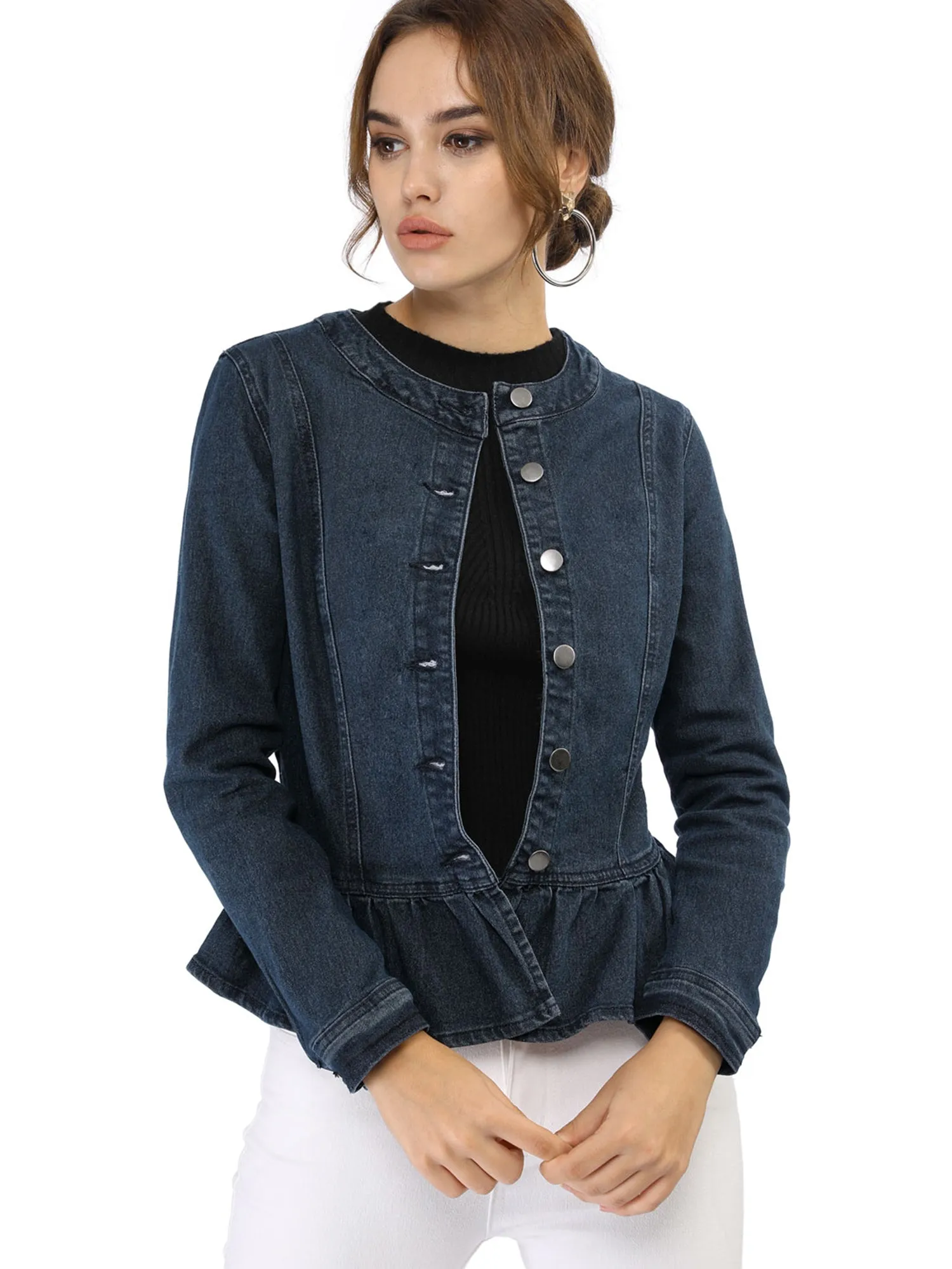 Peplum Denim Collarless Round Neck Cropped Ruffle Hem Jacket