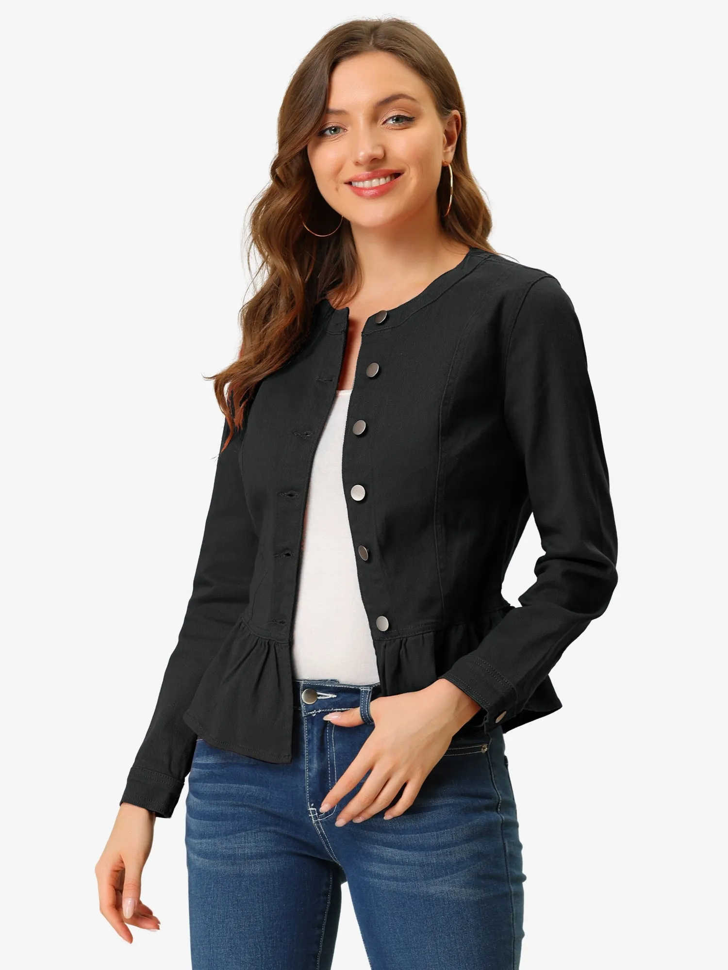 Peplum Denim Collarless Round Neck Cropped Ruffle Hem Jacket