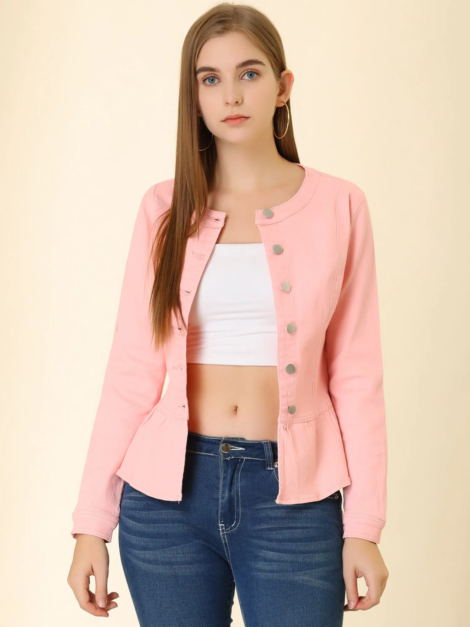 Peplum Denim Collarless Round Neck Cropped Ruffle Hem Jacket