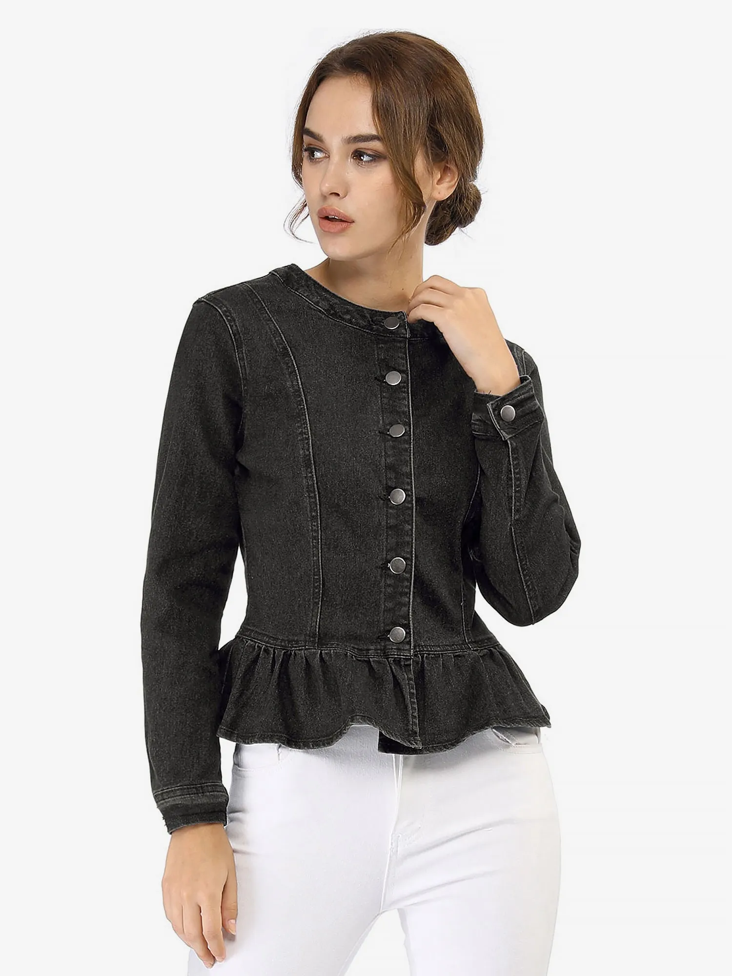 Peplum Denim Collarless Round Neck Cropped Ruffle Hem Jacket