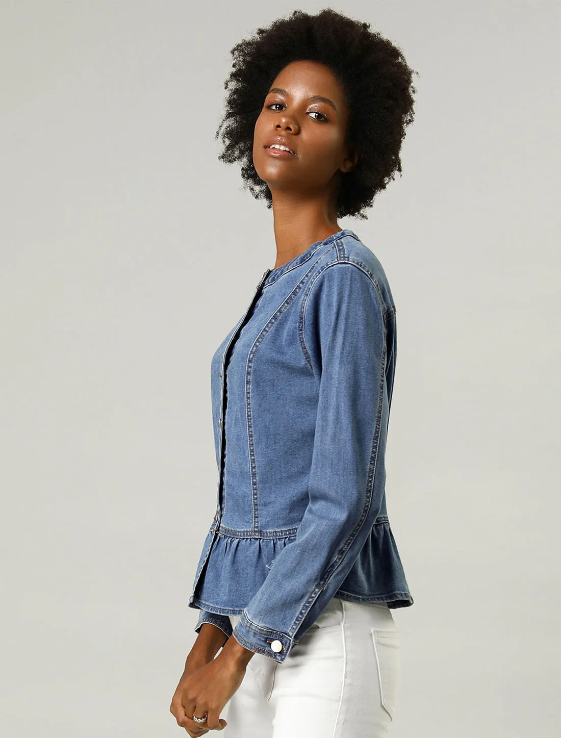 Peplum Denim Collarless Round Neck Cropped Ruffle Hem Jacket