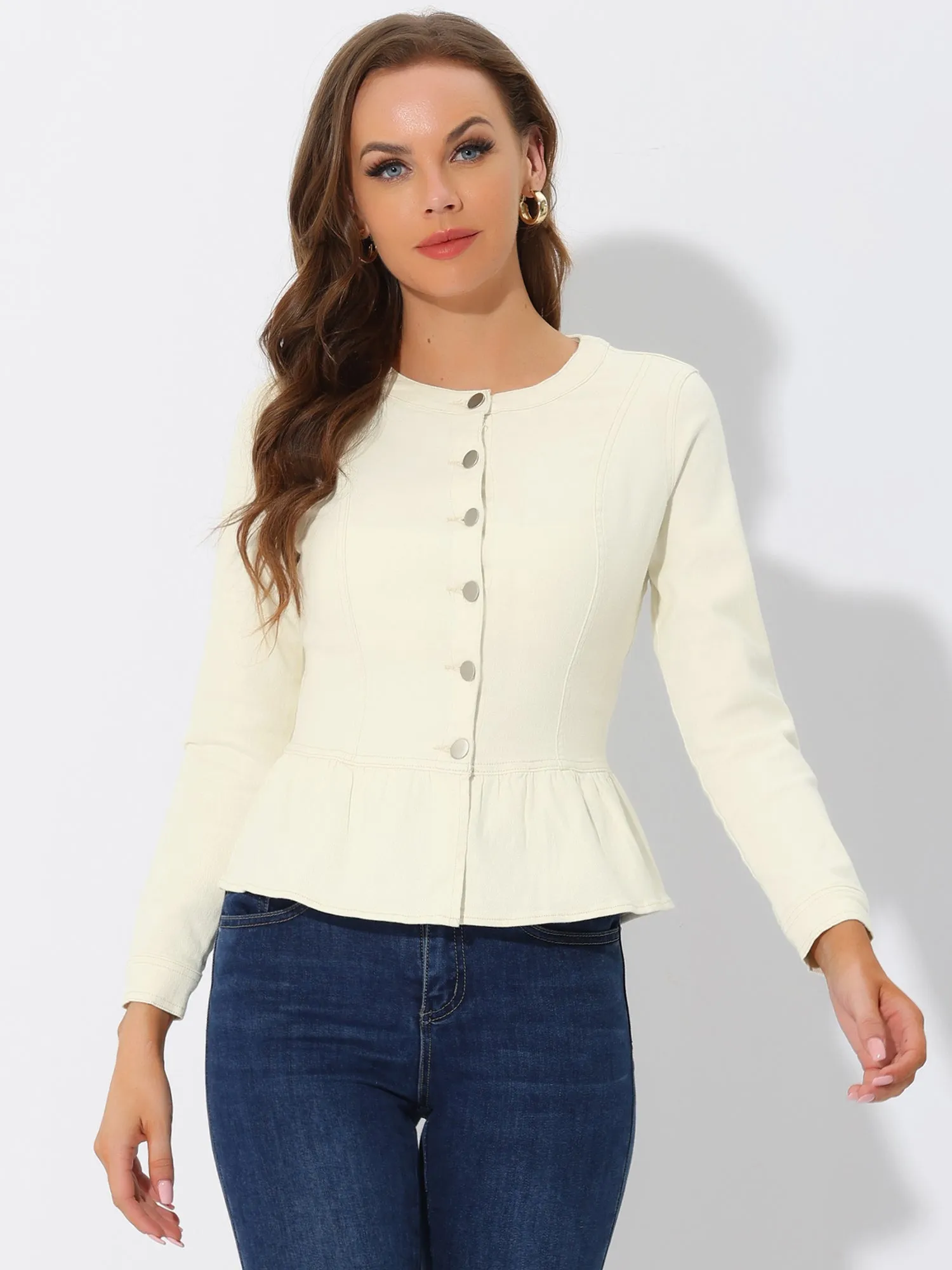 Peplum Denim Collarless Round Neck Cropped Ruffle Hem Jacket