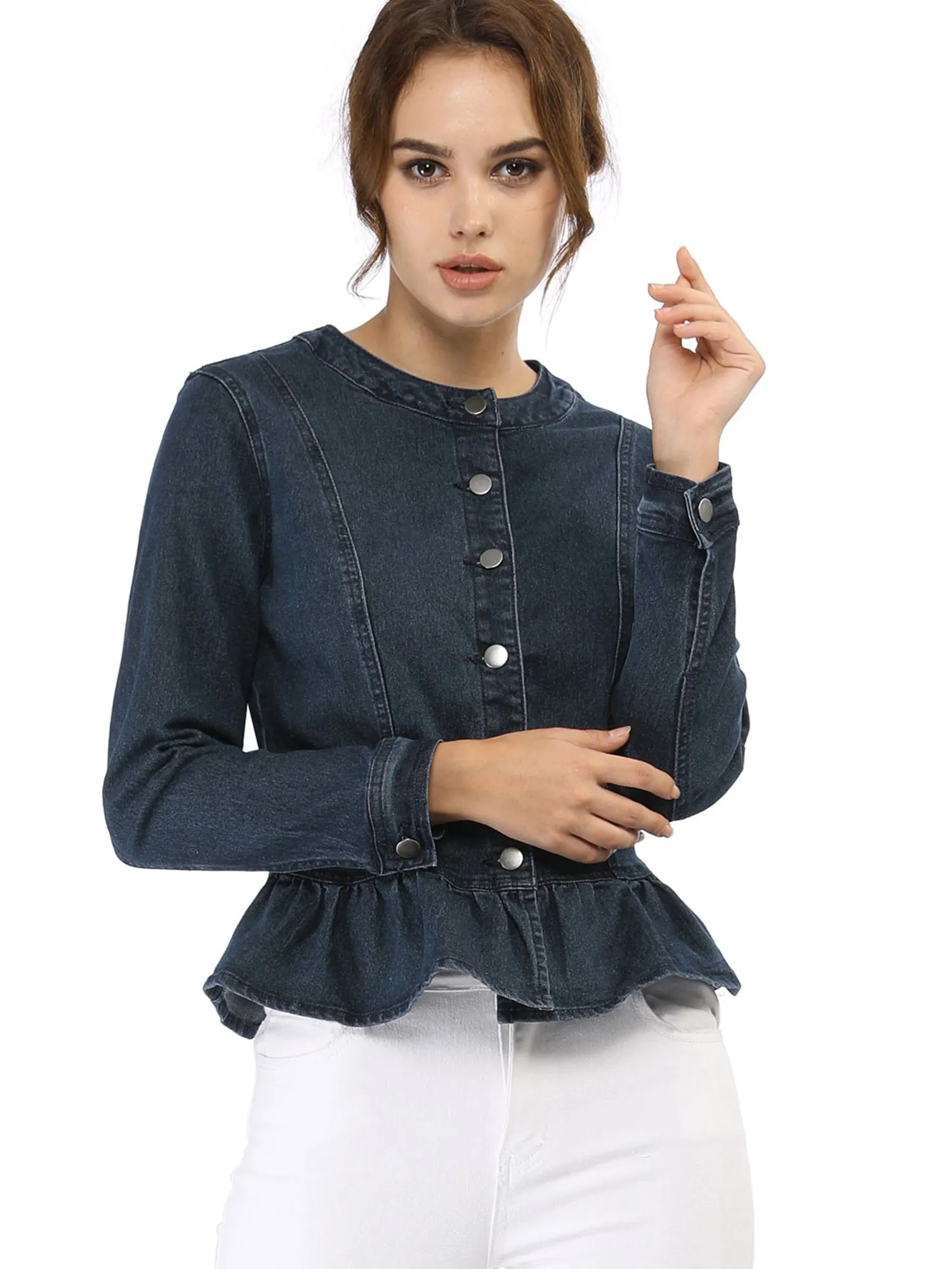 Peplum Denim Collarless Round Neck Cropped Ruffle Hem Jacket