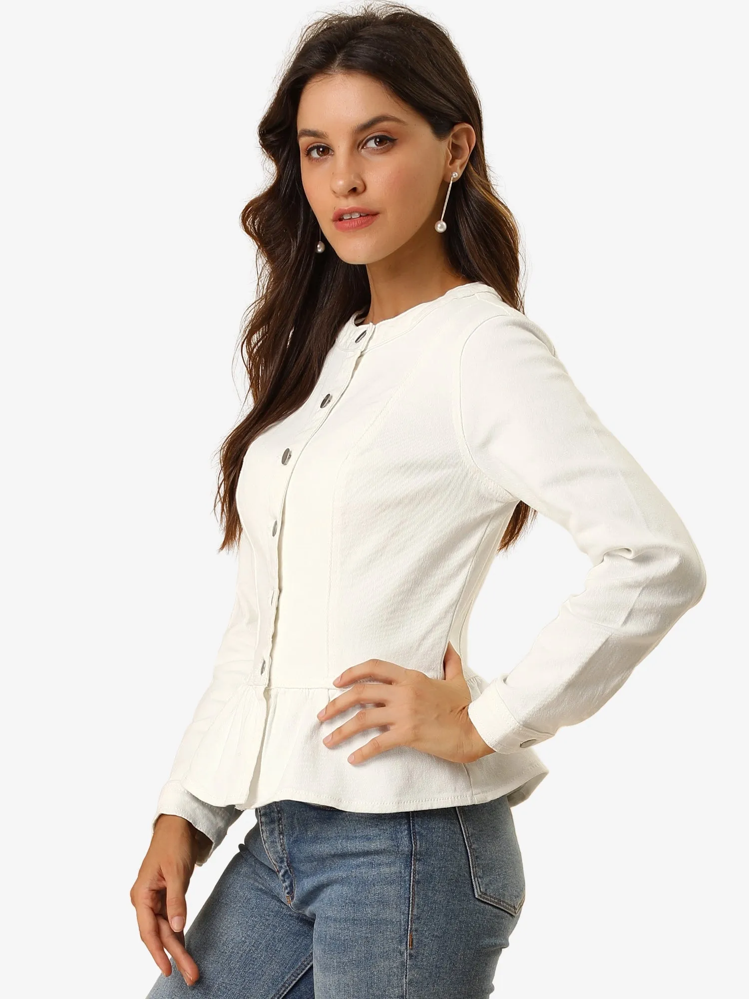 Peplum Denim Collarless Round Neck Cropped Ruffle Hem Jacket