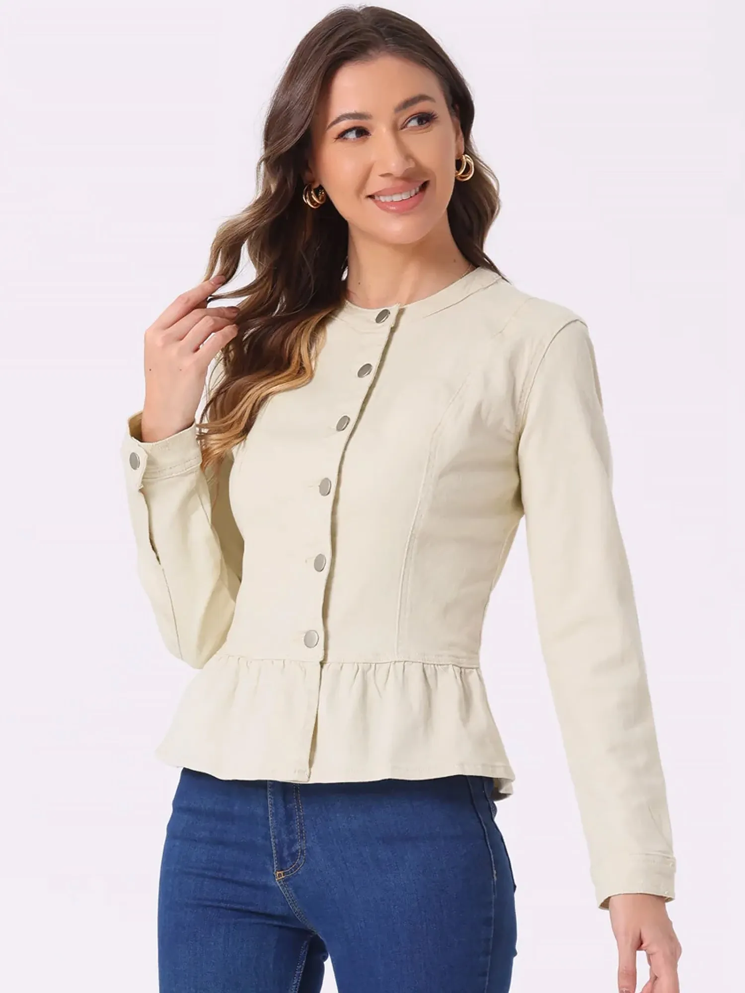 Peplum Denim Collarless Round Neck Cropped Ruffle Hem Jacket