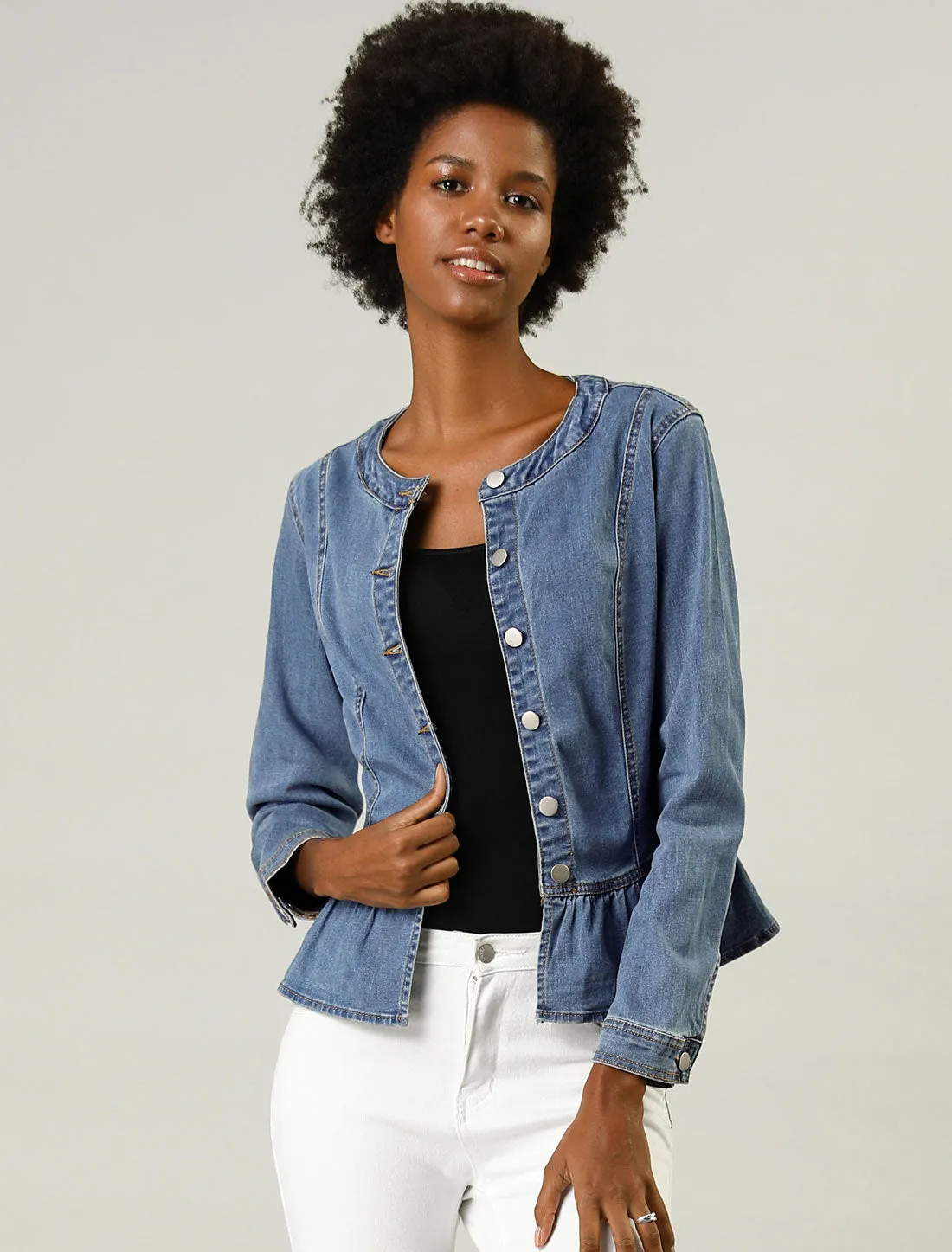 Peplum Denim Collarless Round Neck Cropped Ruffle Hem Jacket