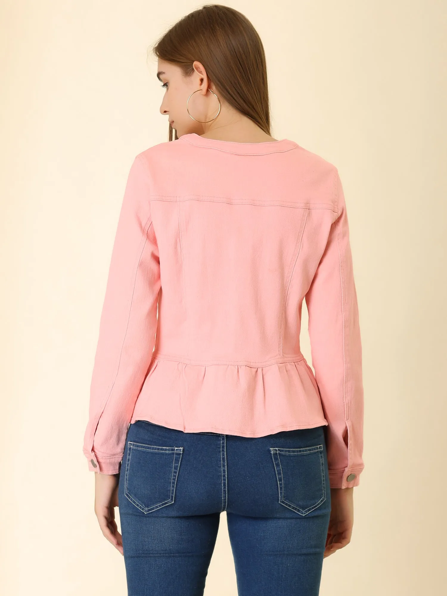 Peplum Denim Collarless Round Neck Cropped Ruffle Hem Jacket