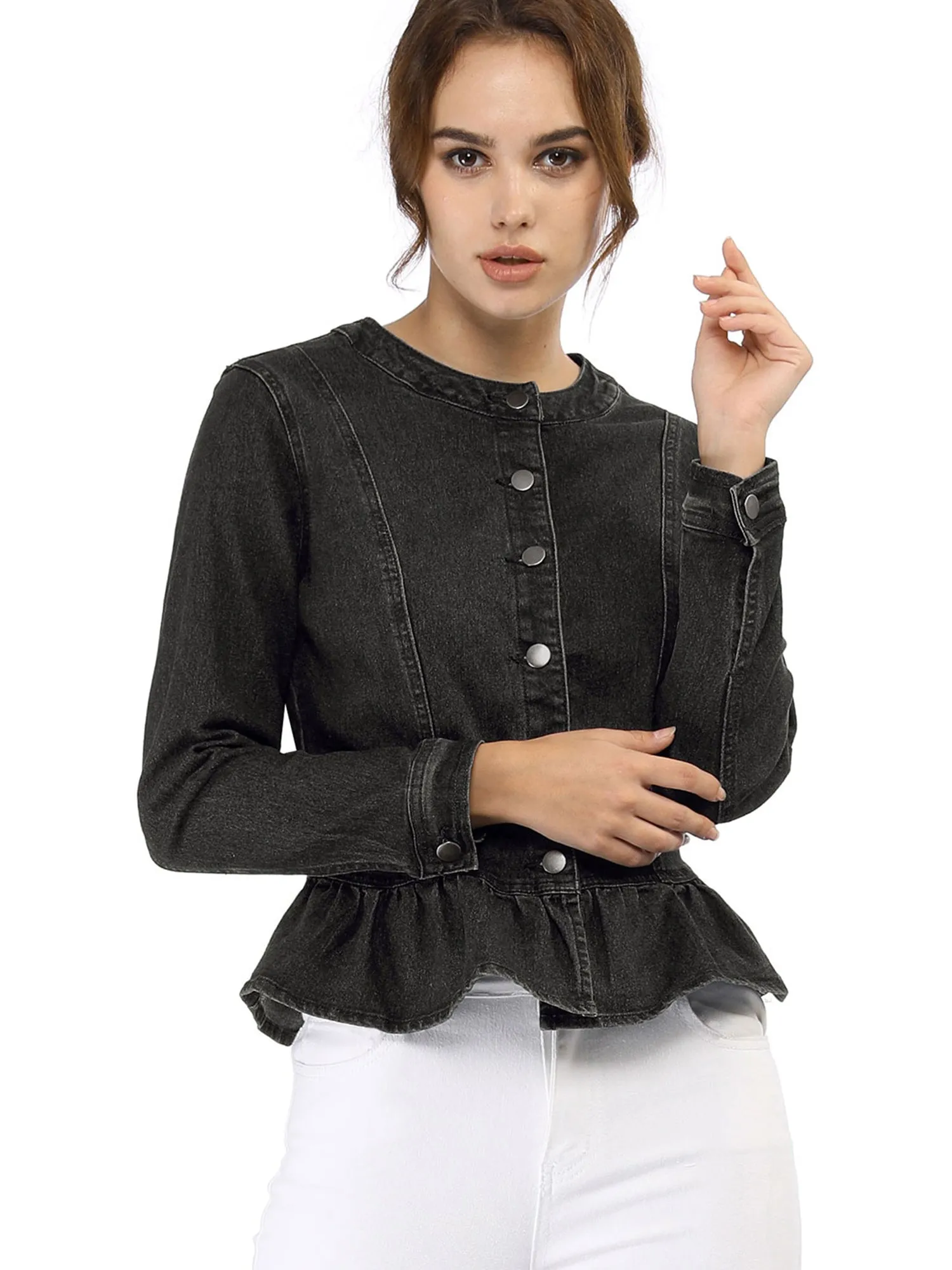 Peplum Denim Collarless Round Neck Cropped Ruffle Hem Jacket