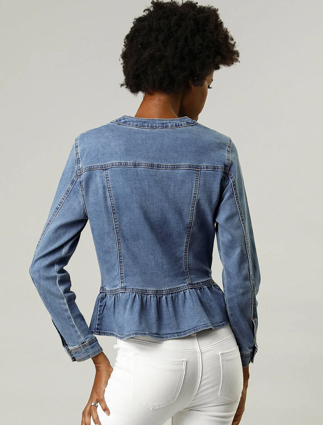 Peplum Denim Collarless Round Neck Cropped Ruffle Hem Jacket