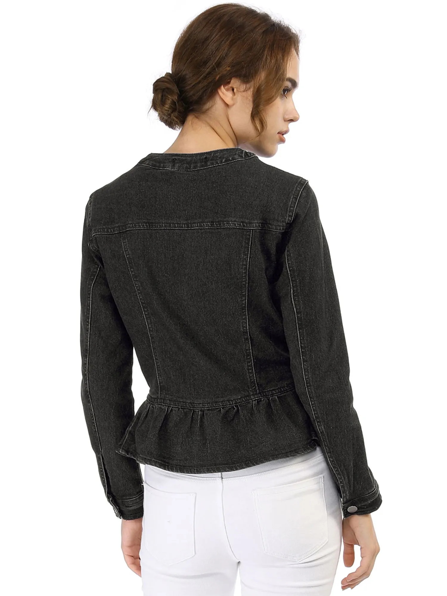 Peplum Denim Collarless Round Neck Cropped Ruffle Hem Jacket