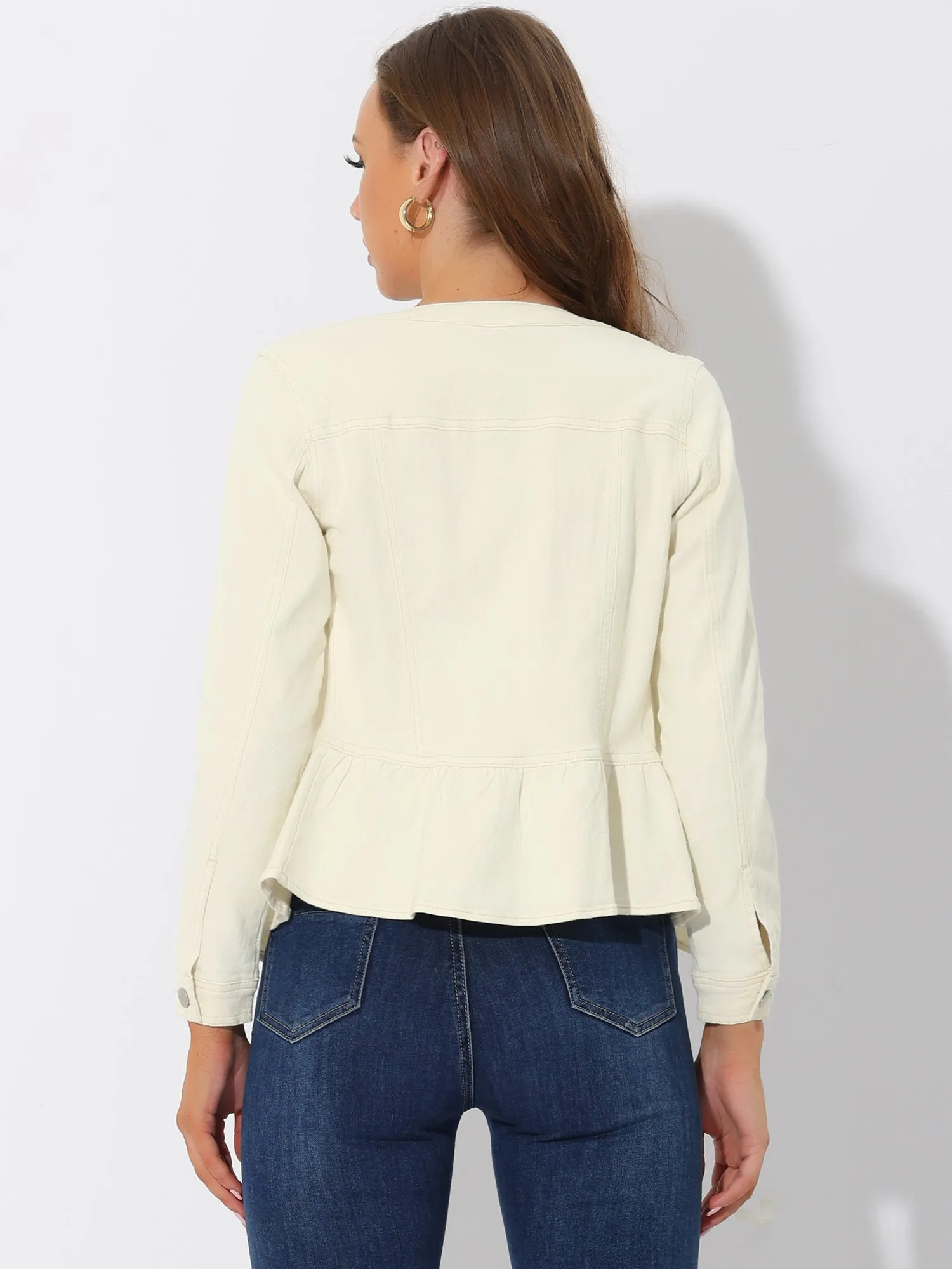 Peplum Denim Collarless Round Neck Cropped Ruffle Hem Jacket