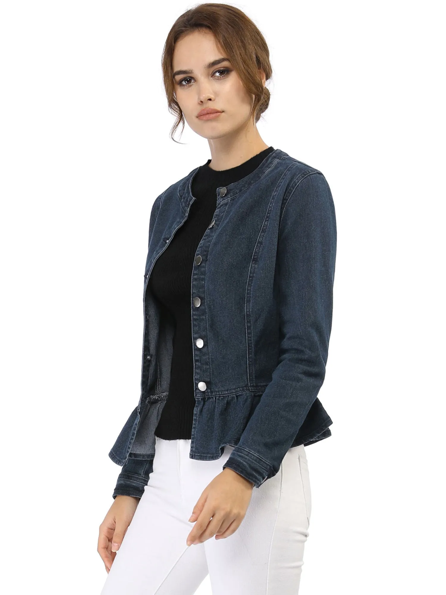 Peplum Denim Collarless Round Neck Cropped Ruffle Hem Jacket