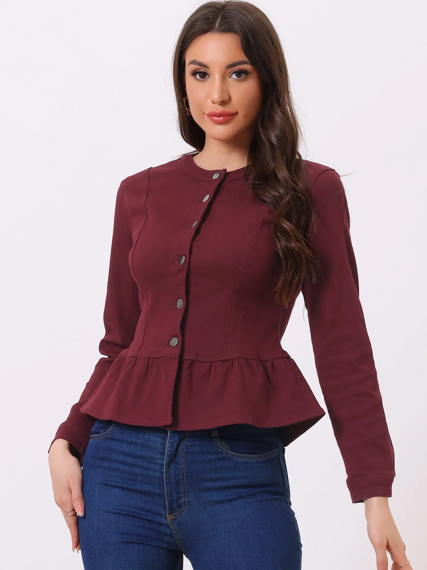 Peplum Denim Collarless Round Neck Cropped Ruffle Hem Jacket