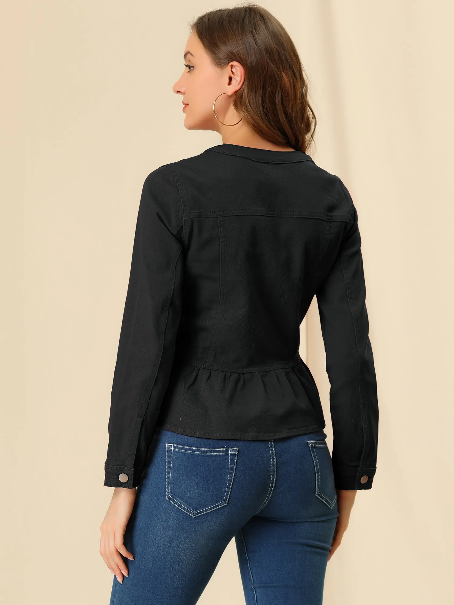 Peplum Denim Collarless Round Neck Cropped Ruffle Hem Jacket