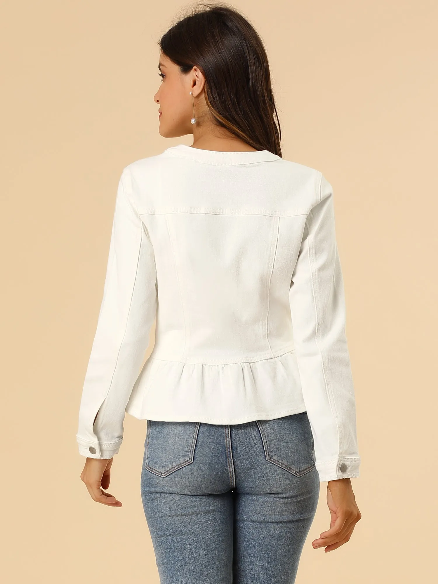 Peplum Denim Collarless Round Neck Cropped Ruffle Hem Jacket