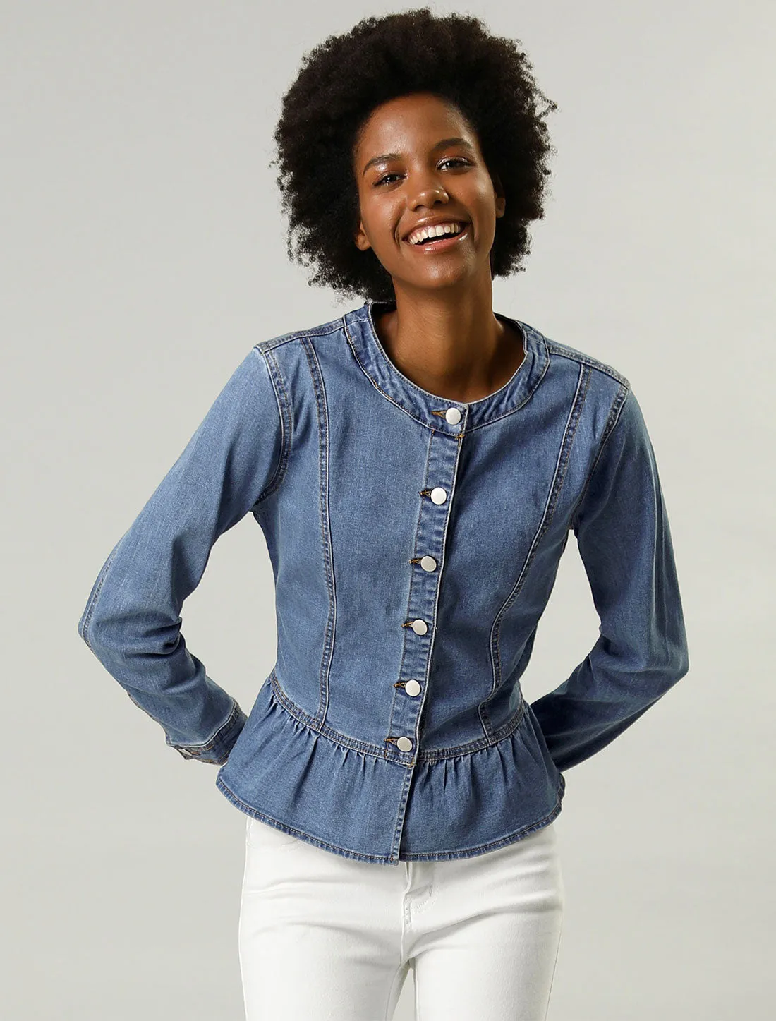 Peplum Denim Collarless Round Neck Cropped Ruffle Hem Jacket