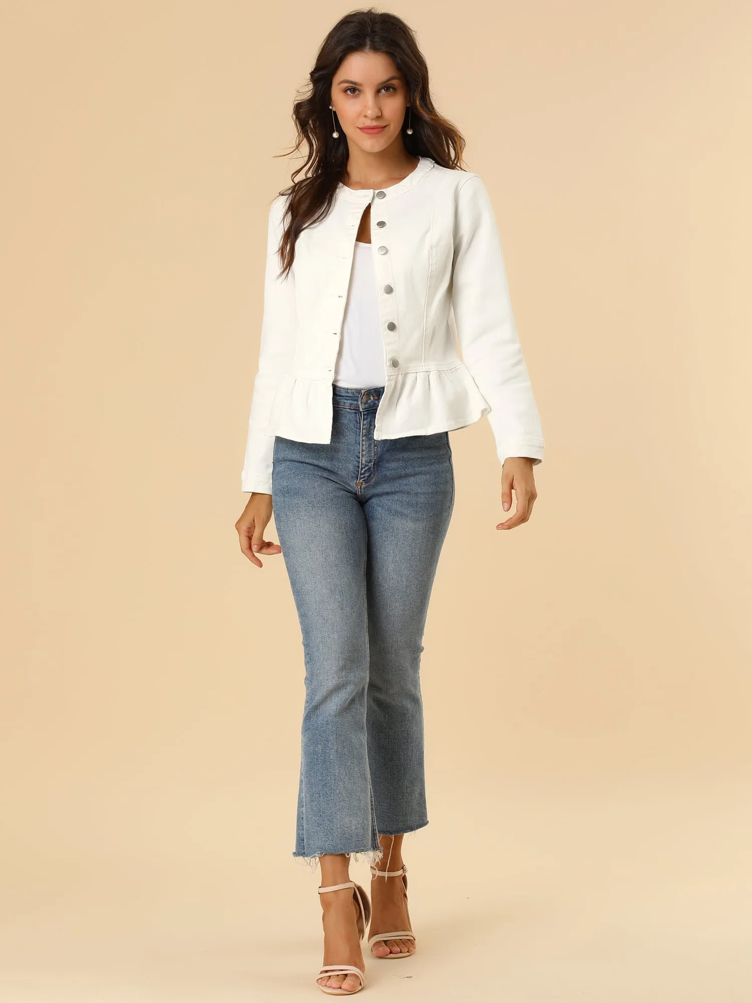 Peplum Denim Collarless Round Neck Cropped Ruffle Hem Jacket