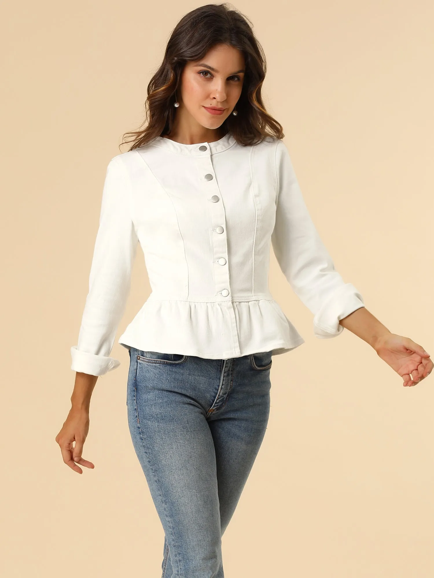 Peplum Denim Collarless Round Neck Cropped Ruffle Hem Jacket