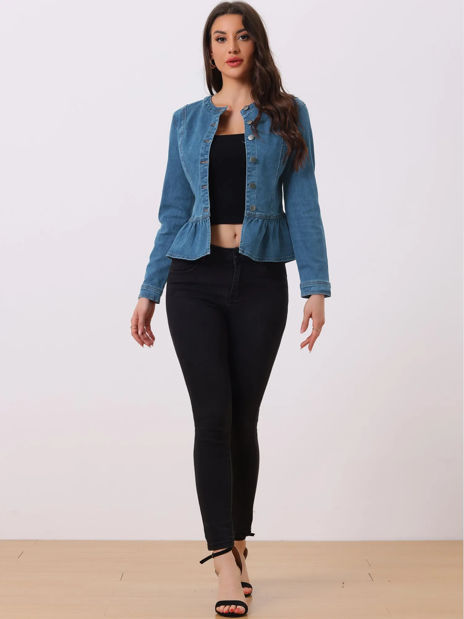 Peplum Denim Collarless Round Neck Cropped Ruffle Hem Jacket