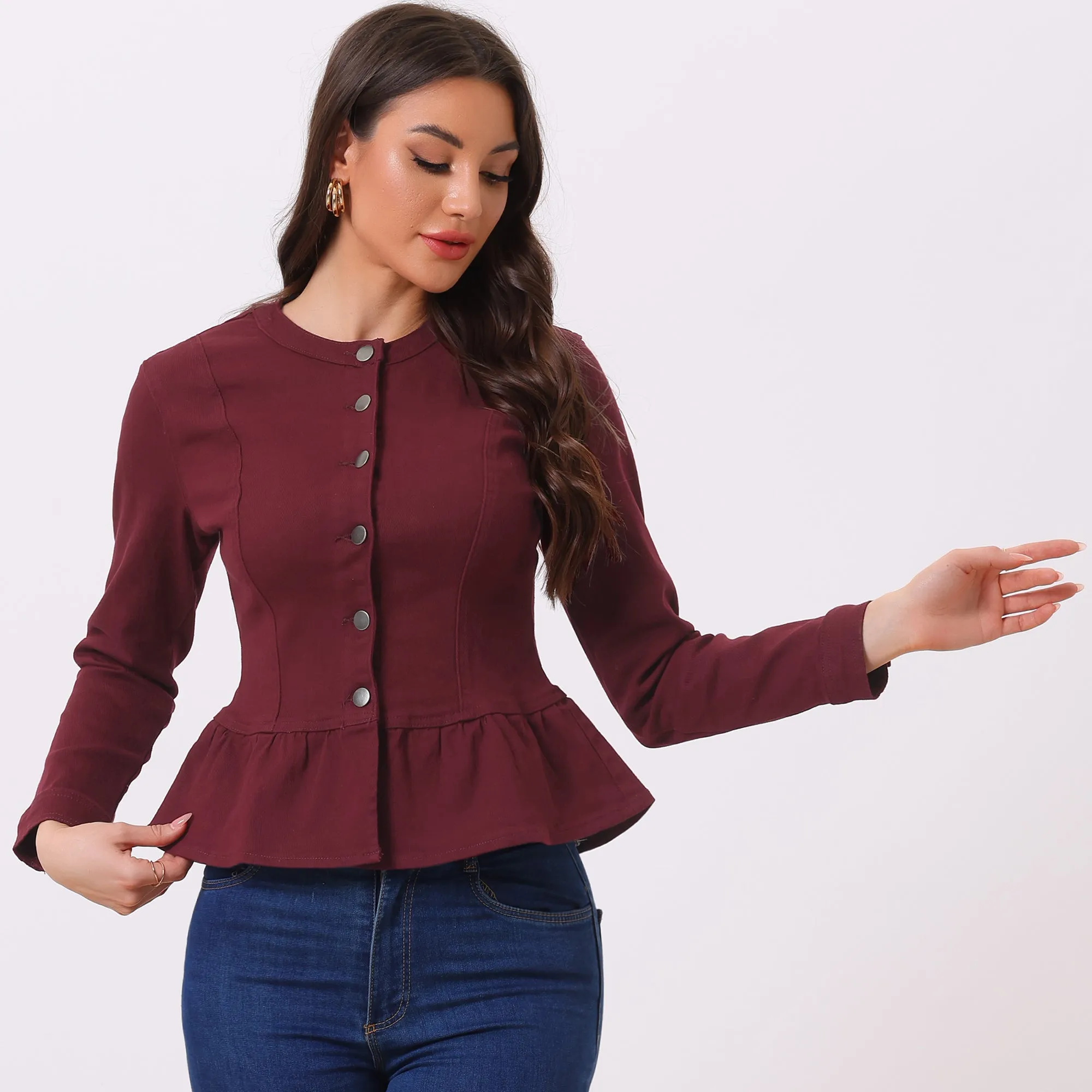 Peplum Denim Collarless Round Neck Cropped Ruffle Hem Jacket