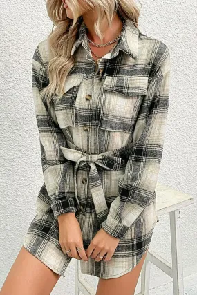 Plaid Button Down Belted Shirt Jacket