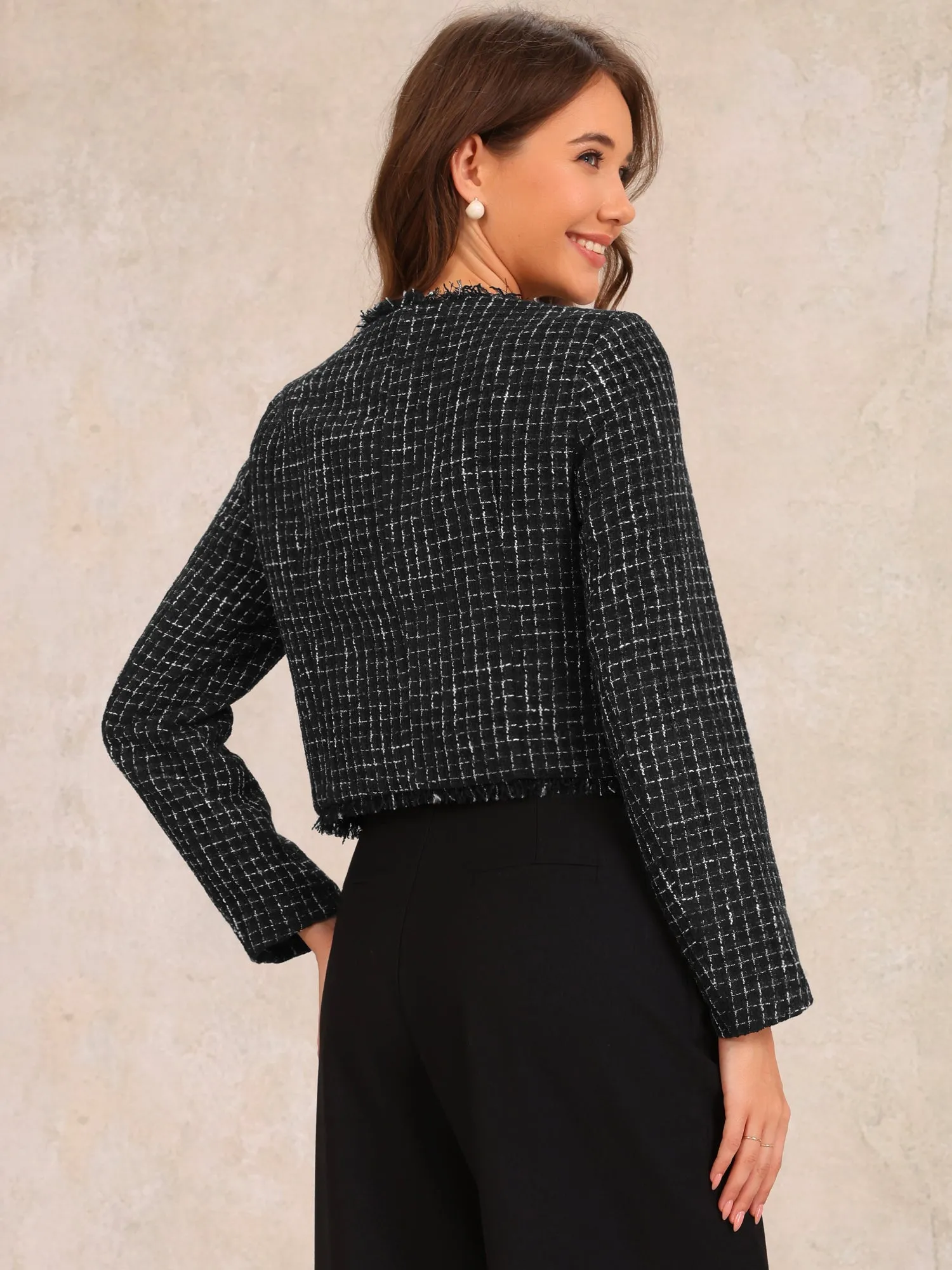 Plaid Tweed Crew Neck Cropped Button Up Jacket