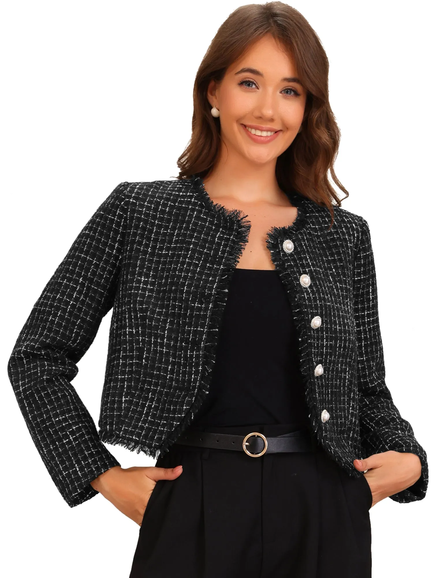 Plaid Tweed Crew Neck Cropped Button Up Jacket