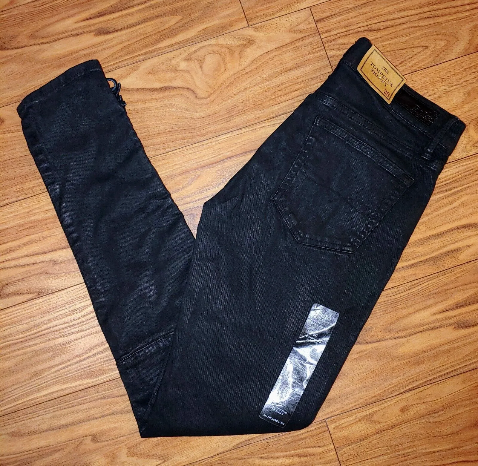 Polo Ralph Lauren The Tompkins Black Coated Finish Lace-Up Skinny Jeans Size 26