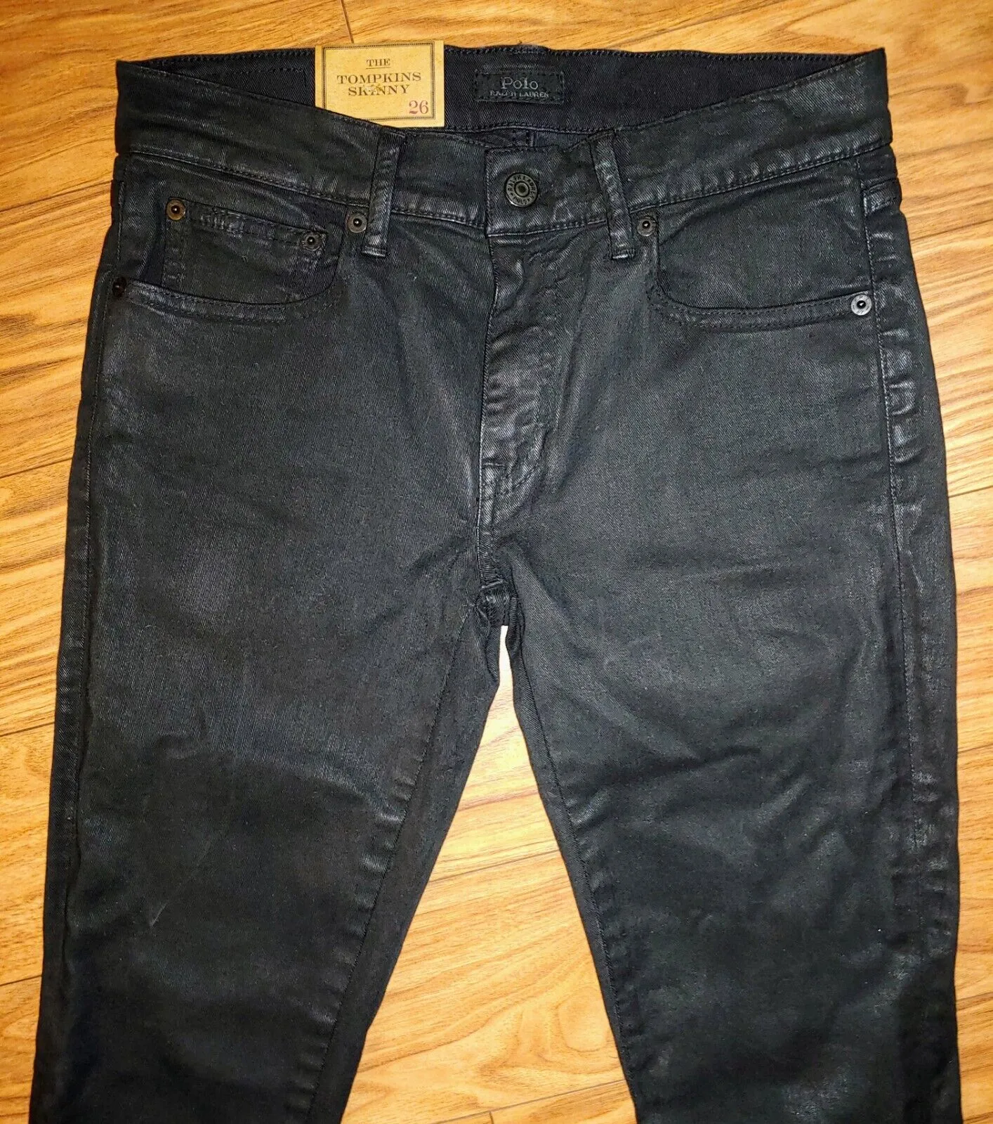 Polo Ralph Lauren The Tompkins Black Coated Finish Lace-Up Skinny Jeans Size 26