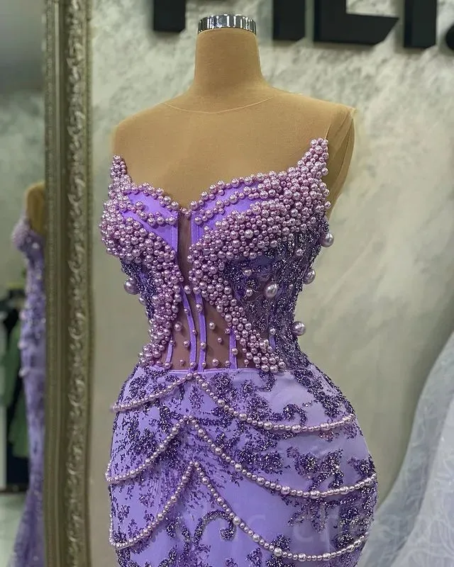 Purple Mermaid Evening Dress Beaded Formal Prom Gown     fg7065