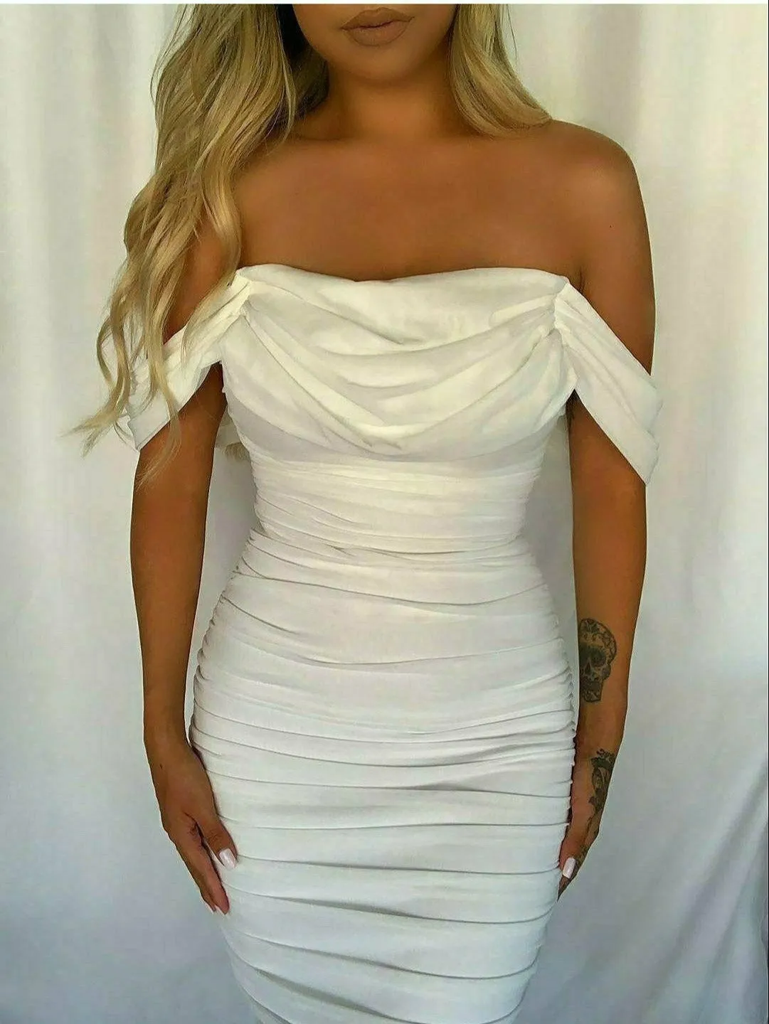 "Quinn" Off Shoulder Ruched Dress - White